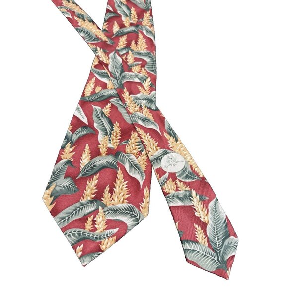 TOMMY BAHAMA Tie Men's 100% Silk Yellow Red Green Floral Trees Leaves Hand Made - Picture 3 of 9